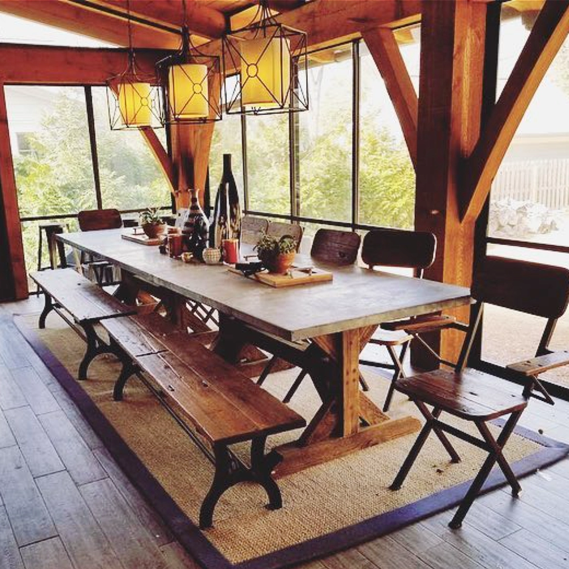 Outdoor table with matching wooden benches