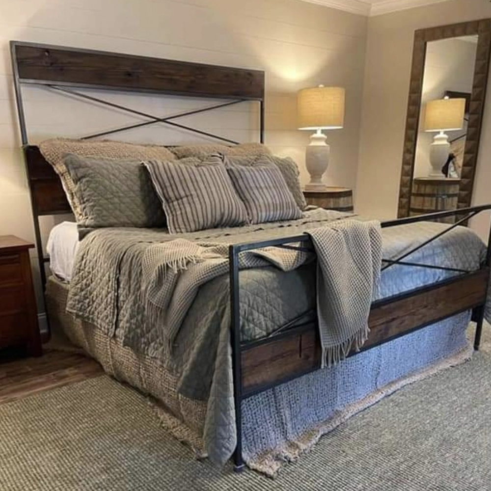 Bed and headboard made of a mixture of wood and metal