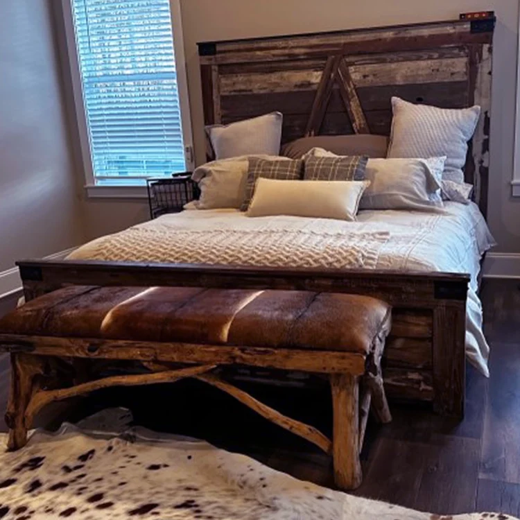 Custom bed and headboard made of wood and leather