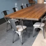 solid oak top table with metal chairs
