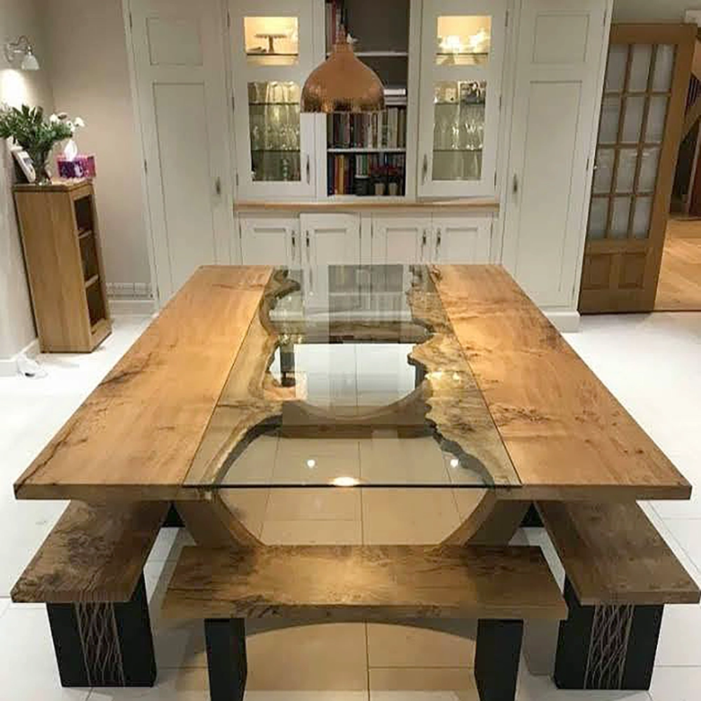 Unique live edge wood and glass custom tables for office