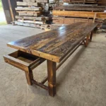 rustic wood table used as a kitchen island