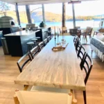 outdoor entertainment area with wood table and chairs