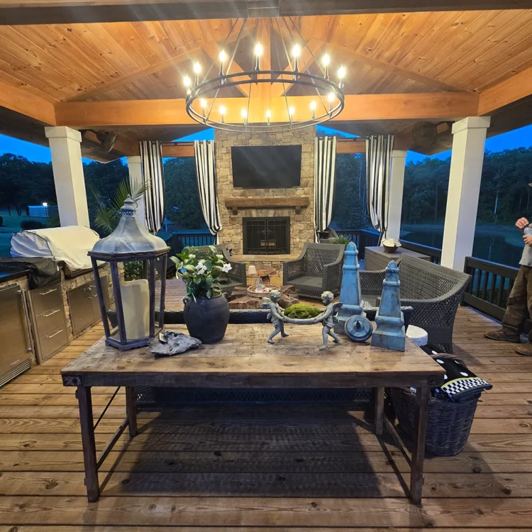 side table on covered porch