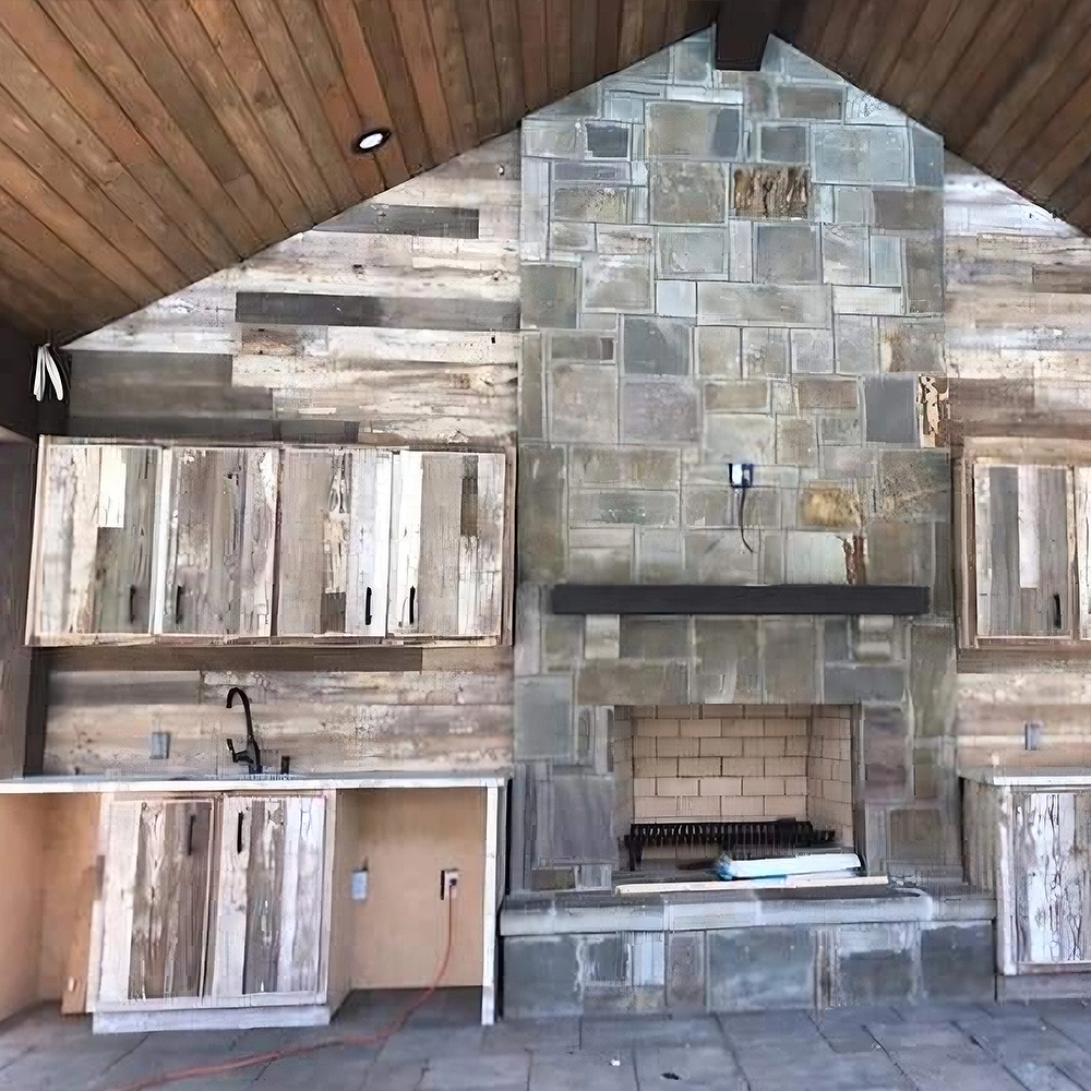 outdoor kitchen built with rustic reclaimed wood